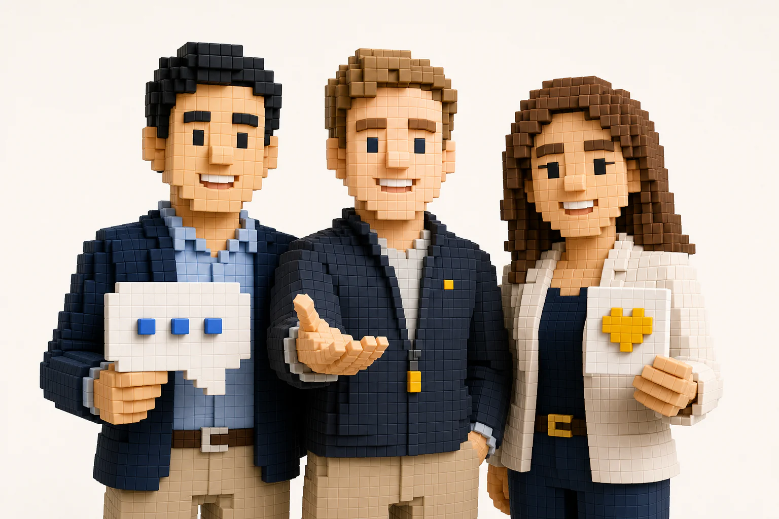 3D pixel consulting team with chat and heart symbols
