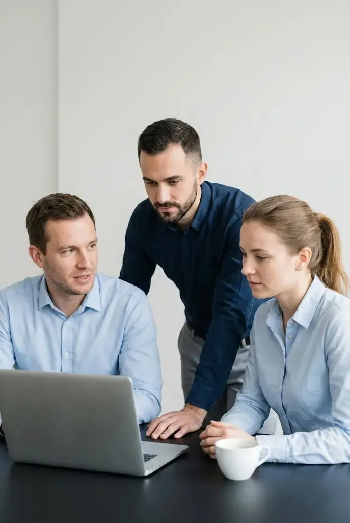 Professional team in a modern Swiss office collaborating over a laptop