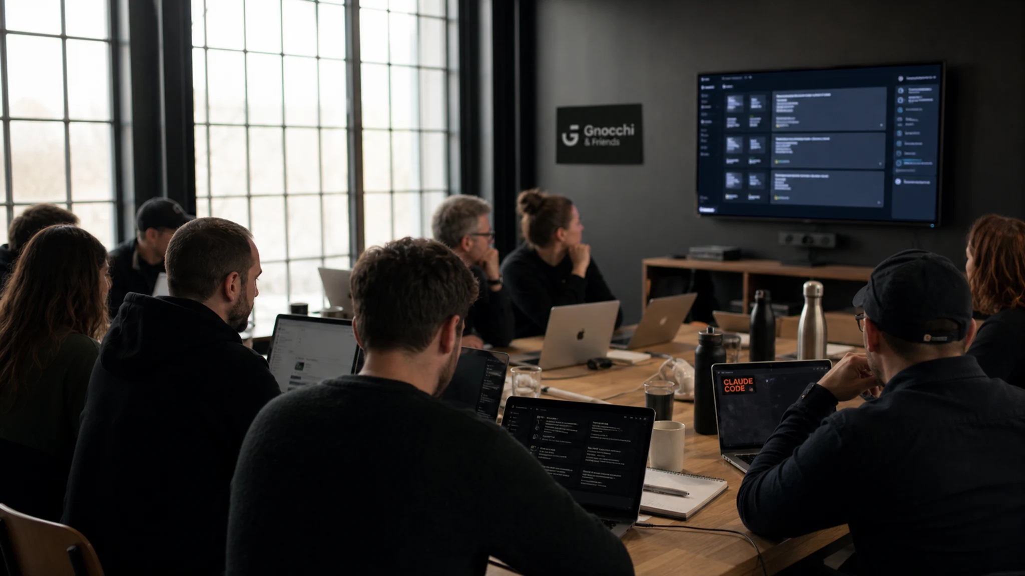 Team-Arbeitsplatz von Gnocchi Friends mit Claude-Code-Setup und KI-Wissensdatenbank.