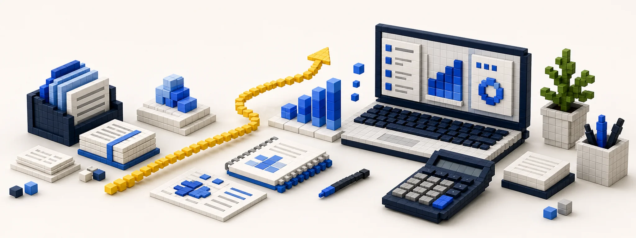3D pixel-style accounting and financial analysis workspace