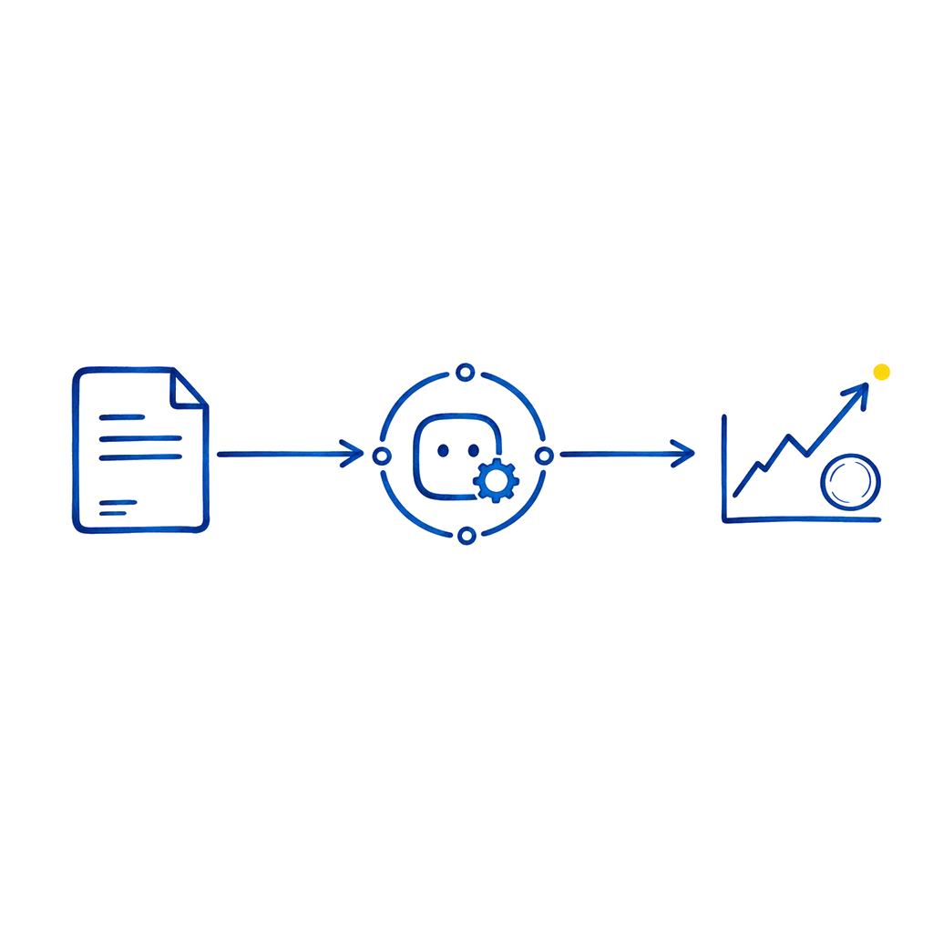 Minimalist blue marker sketch of a document flowing through an automation agent into a rising finance chart