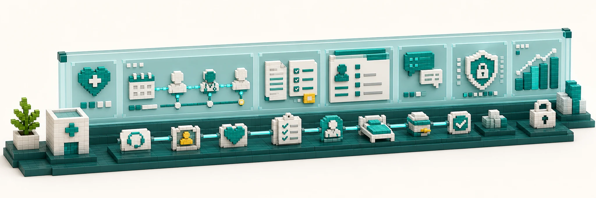3D pixel-style healthcare operations dashboard and patient-centric workflow