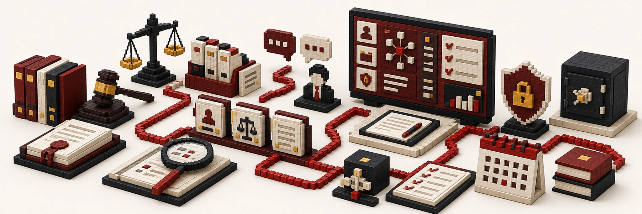 3D pixel-style legal operations dashboard with document review and compliance workflow