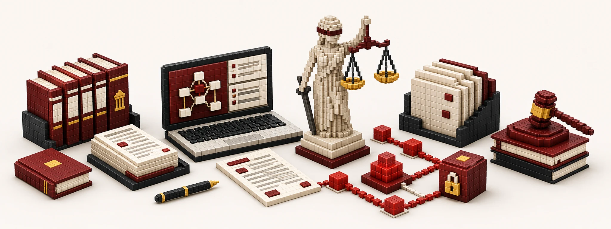 3D pixel-style legal desk with Lady Justice statue, scales and secure case files