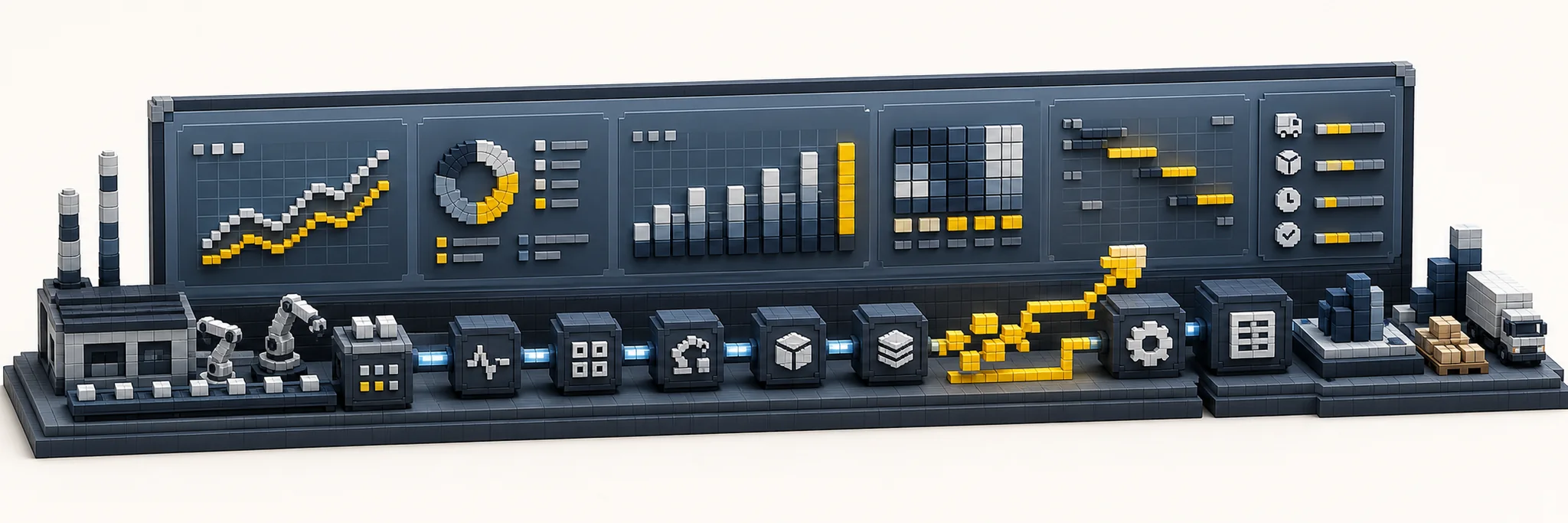 3D pixel-style manufacturing operations dashboard and workflow integration