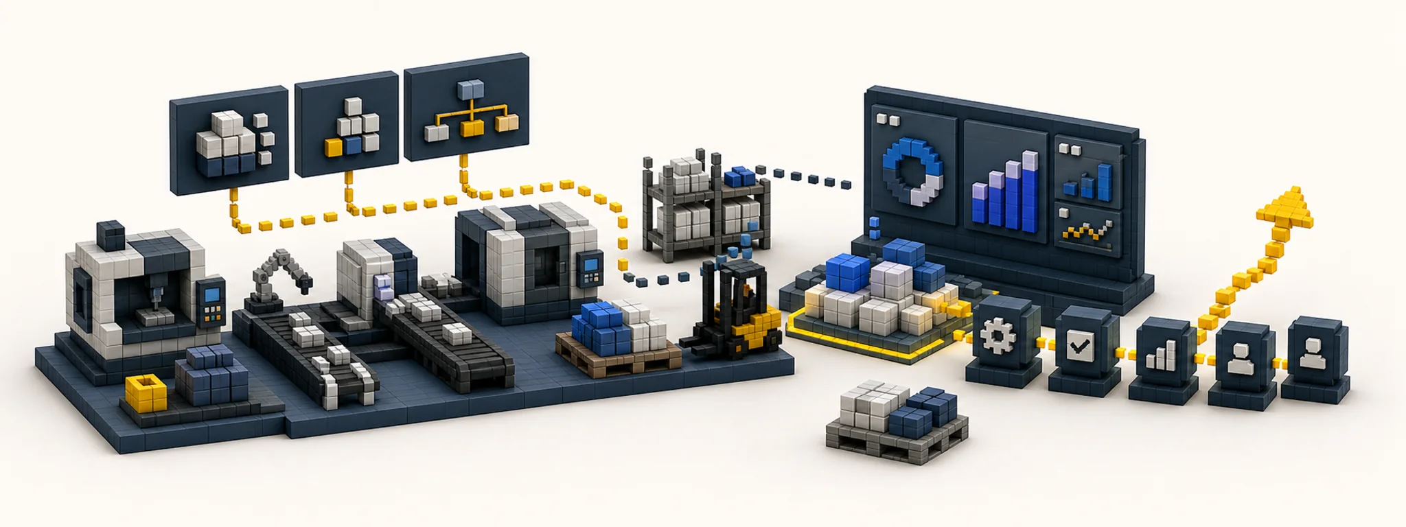 3D pixel-style manufacturing floor and ERP integration workspace
