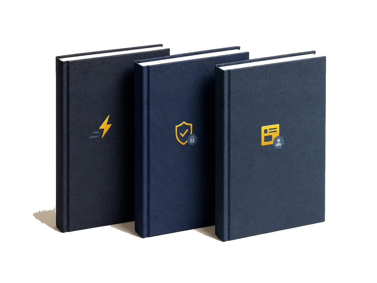 Realistische KI-Guide-Buecher auf hellem Hintergrund