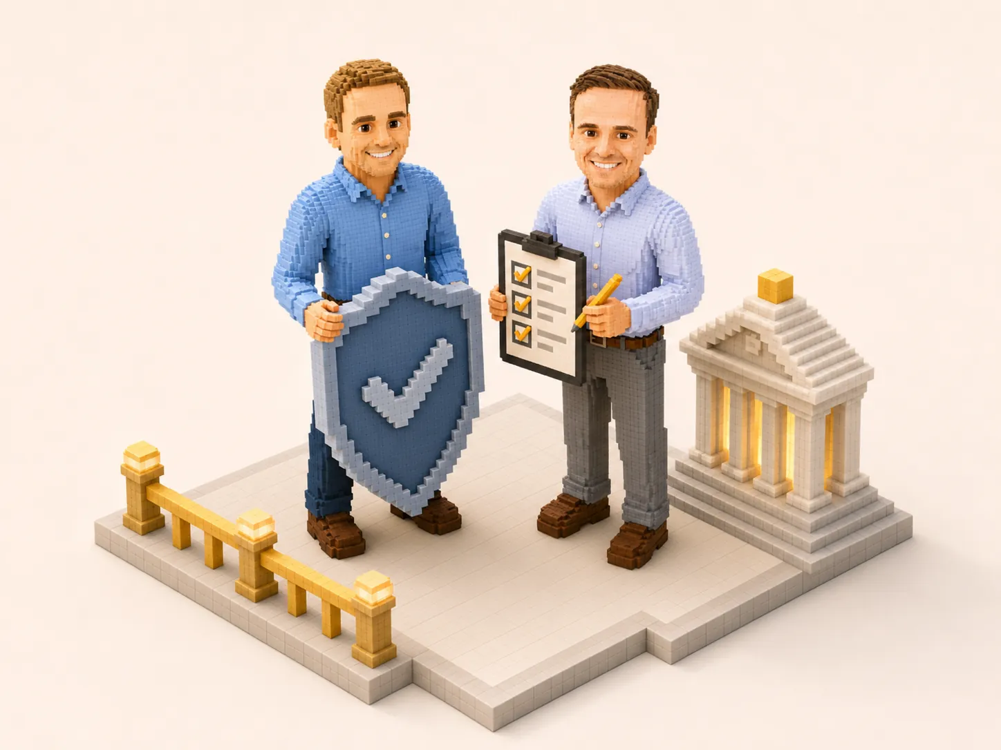 Voxel consultants with a shield, checklist, guardrails, and a Swiss-style governance building