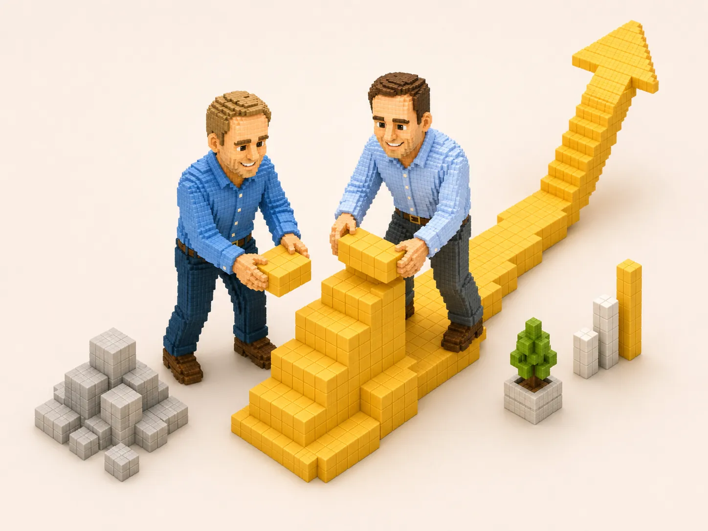 Voxel consultants building yellow blocks into an upward implementation path