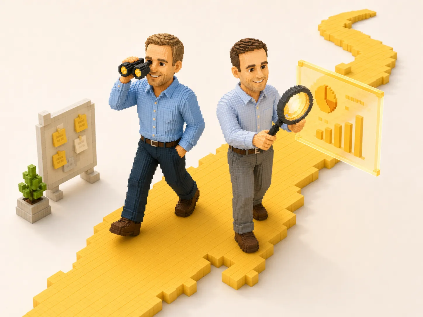Voxel consultants inspecting a yellow roadmap with binoculars, a magnifier, and a data board