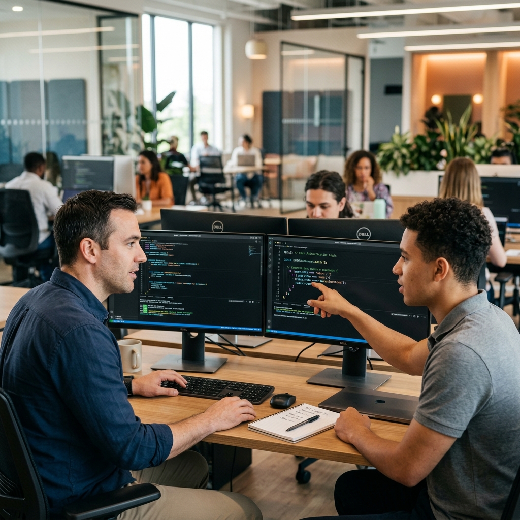 Employees testing AI prompts live on their laptops with Lukas Huber