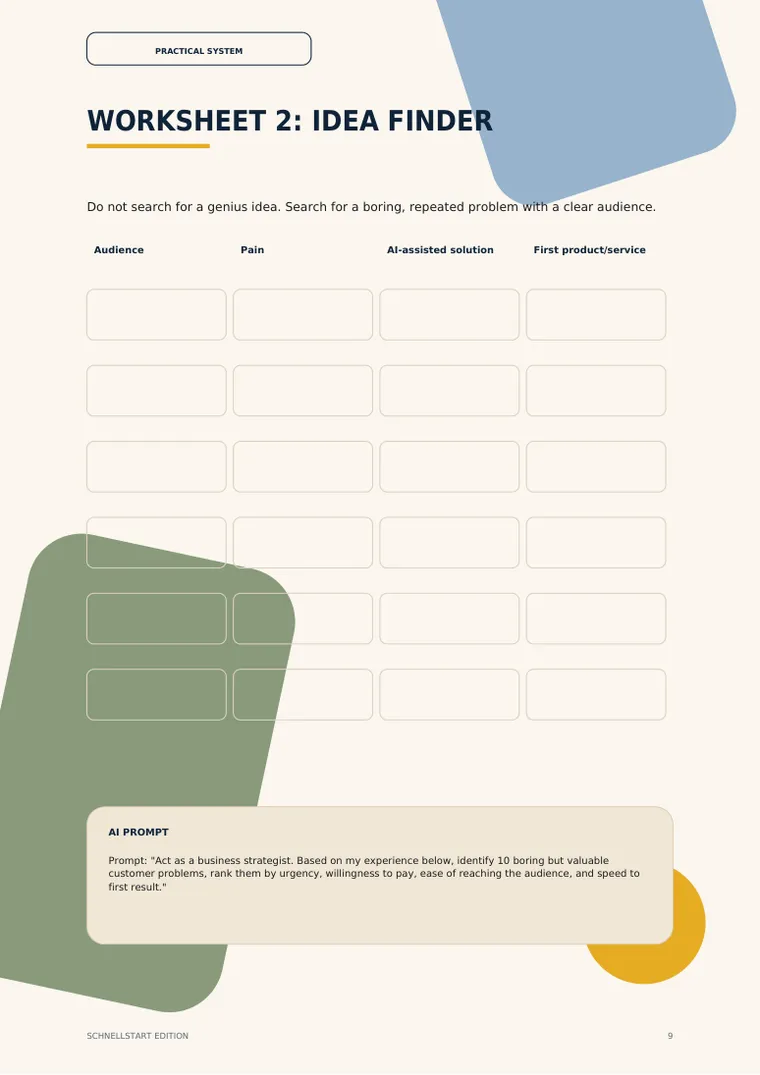 Page from Start Your Solo Business With AI: Idea finder worksheet