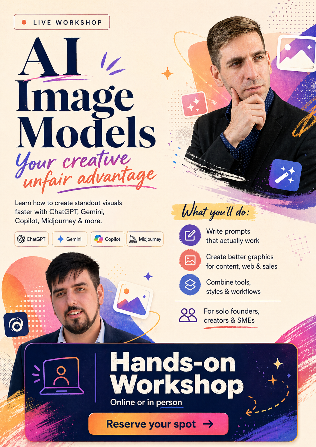 AI Image Models — Your Creative Unfair Advantage. Hands-on Workshop mit Lukas Huber & Nathaniel Kirby.
