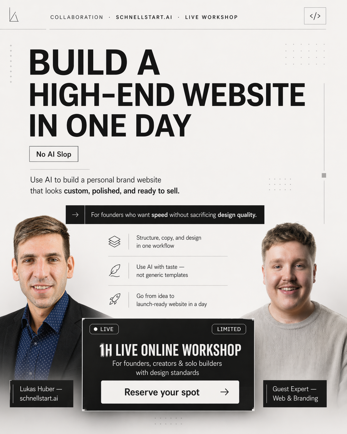 Brand & Website in 24 Stunden — Live-Webinar mit Lukas Huber, schnellstart.ai