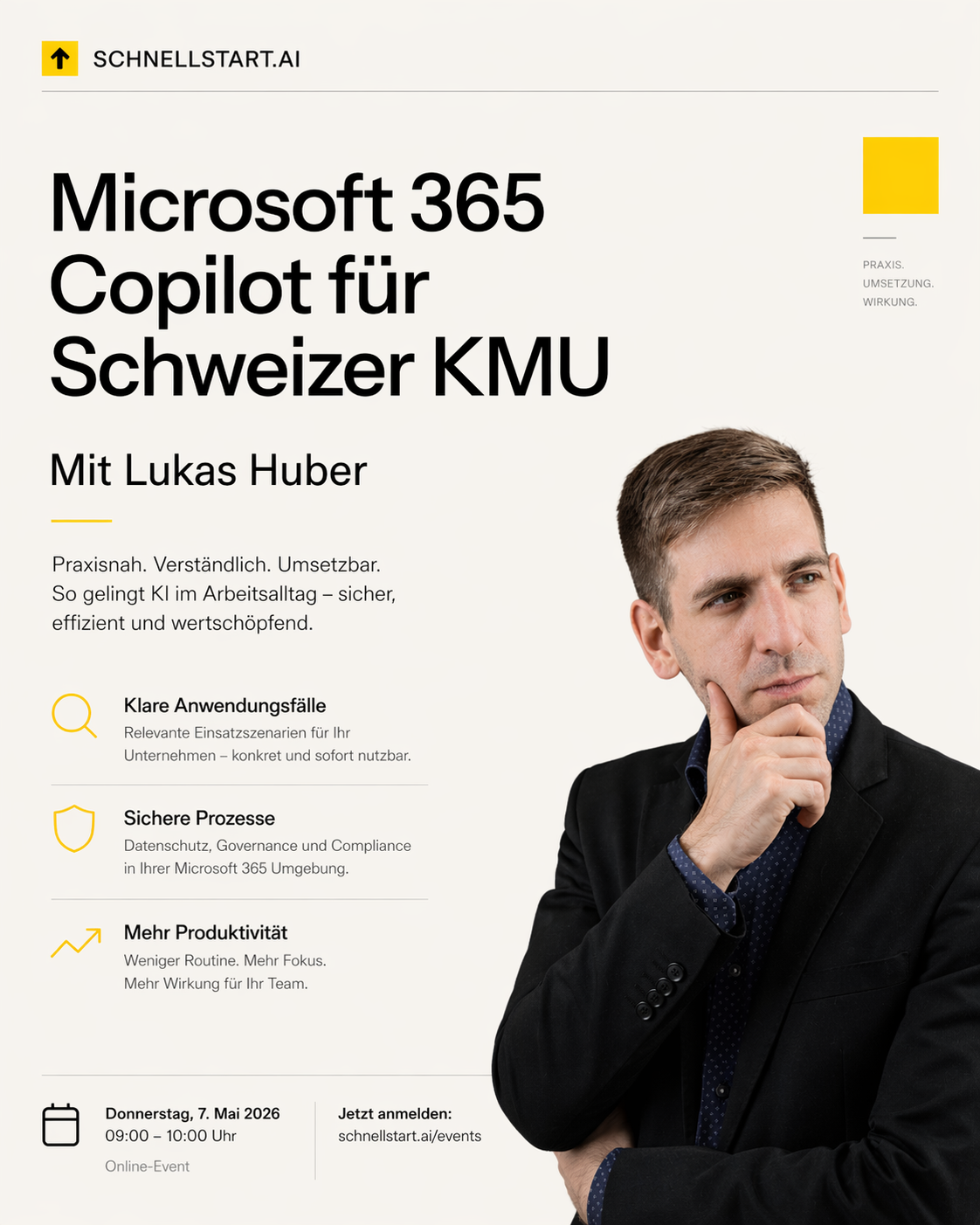 Microsoft 365 Copilot für Schweizer KMU — Online-Event am 7. Mai 2026, 09:00–10:00 mit Lukas Huber, schnellstart.ai