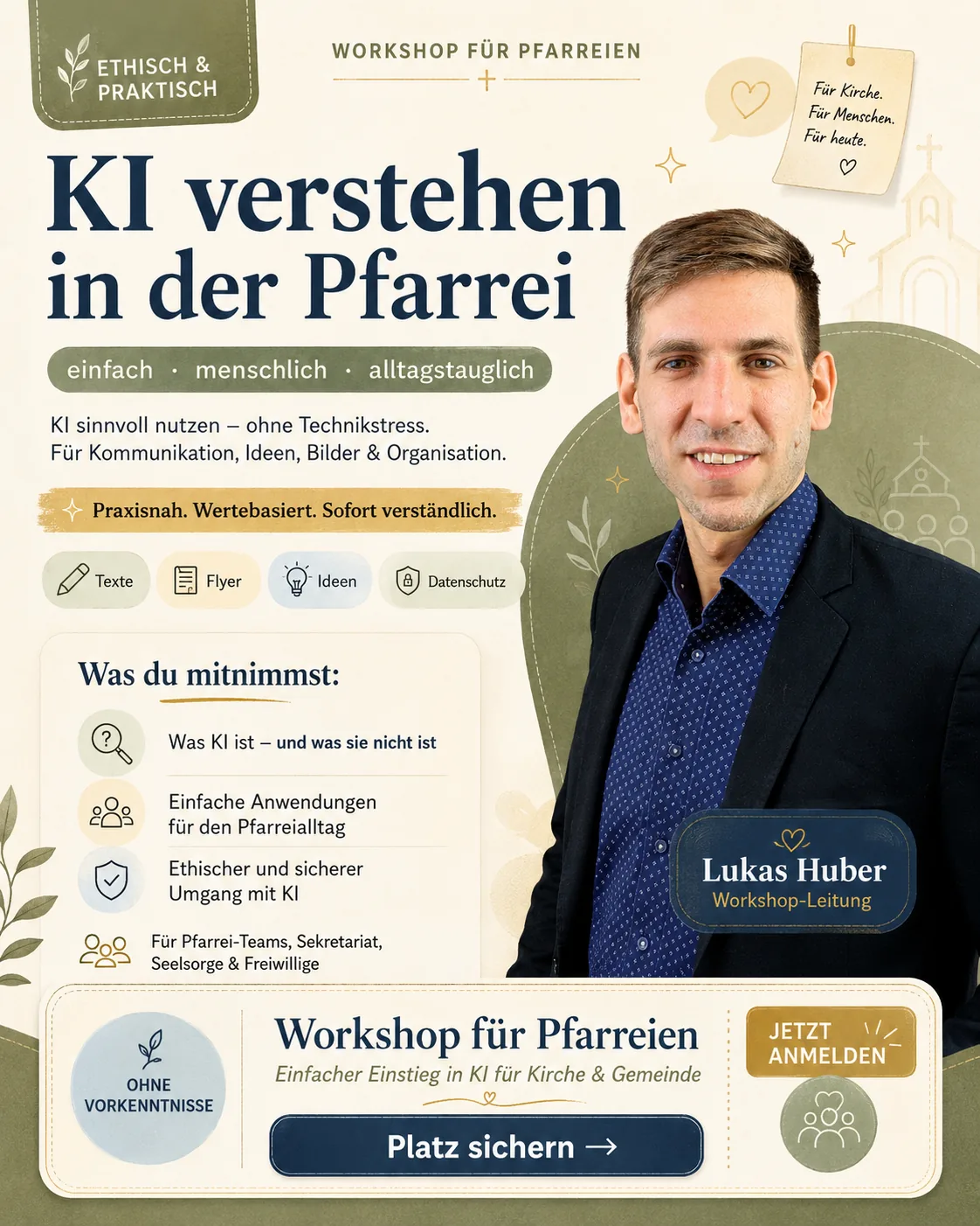 KI verstehen in der Pfarrei: Workshop für Pfarrei-Teams, Sekretariat & Seelsorge mit Lukas Huber, schnellstart.ai