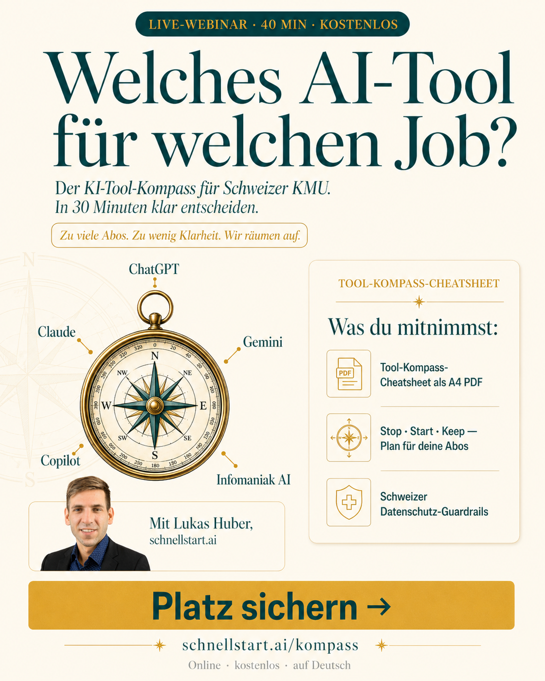 Welches AI-Tool für welchen Job? Der KI-Tool-Kompass für Schweizer KMU mit Lukas Huber, schnellstart.ai